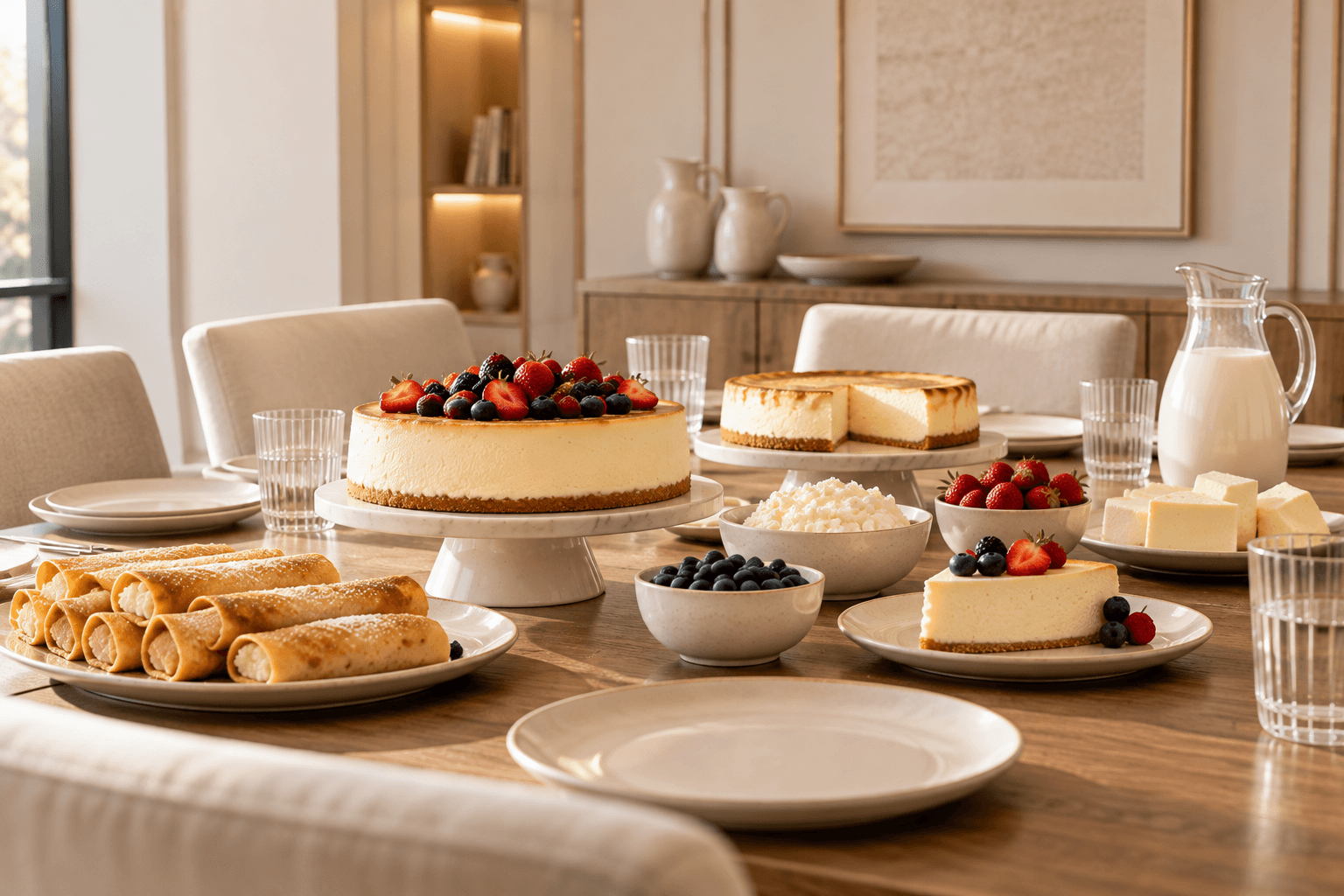Bespoke Shavuot private dining table with cheesecakes, blintzes, berries and dairy dishes