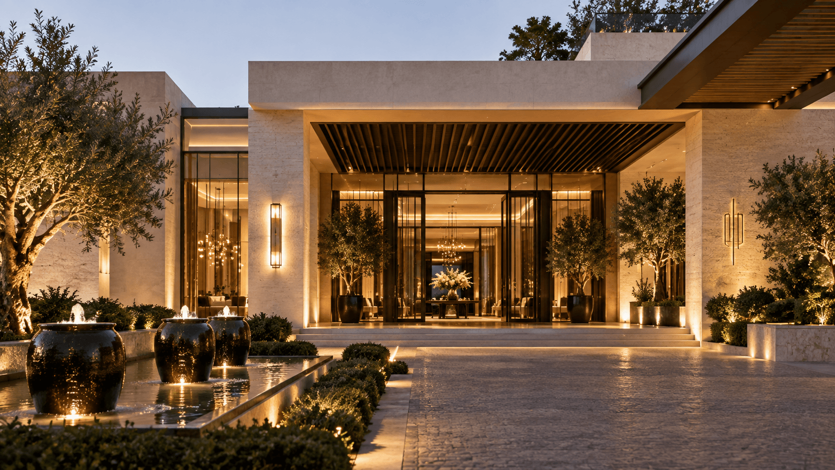 Luxury villa or hotel entrance at dusk for destination Rosh Hashanah catering
