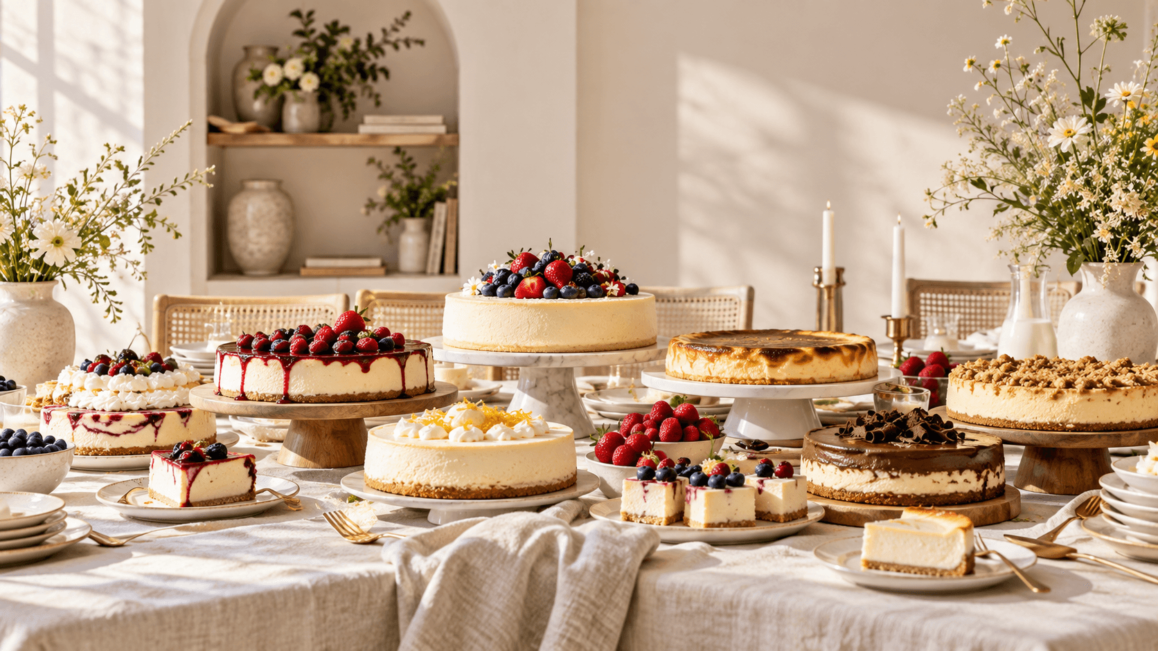 Elegant Shavuot dessert table with cheesecakes, berries and fresh flowers
