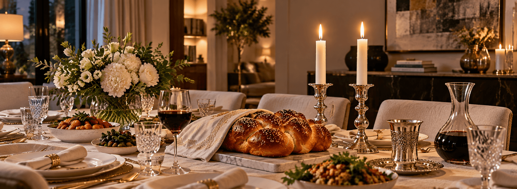 Discreet luxury Shabbat table set indoors with challah, candles and elegant kosher dining