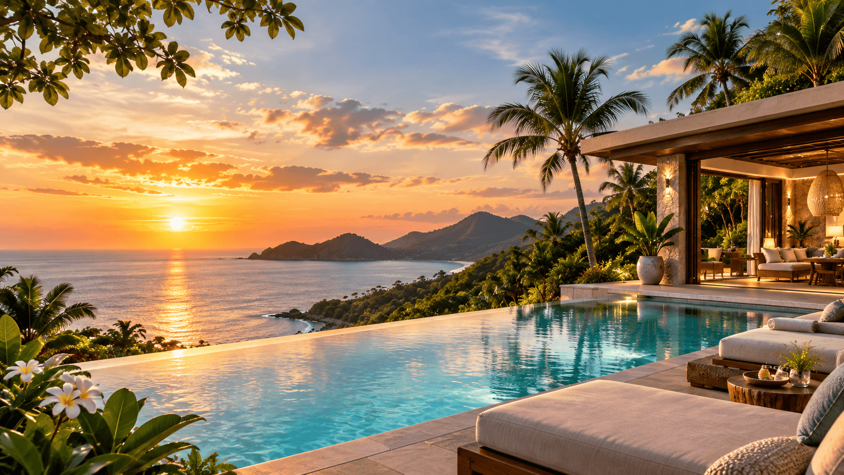 Private tropical resort villa with infinity pool at sunset for a discreet luxury kosher getaway