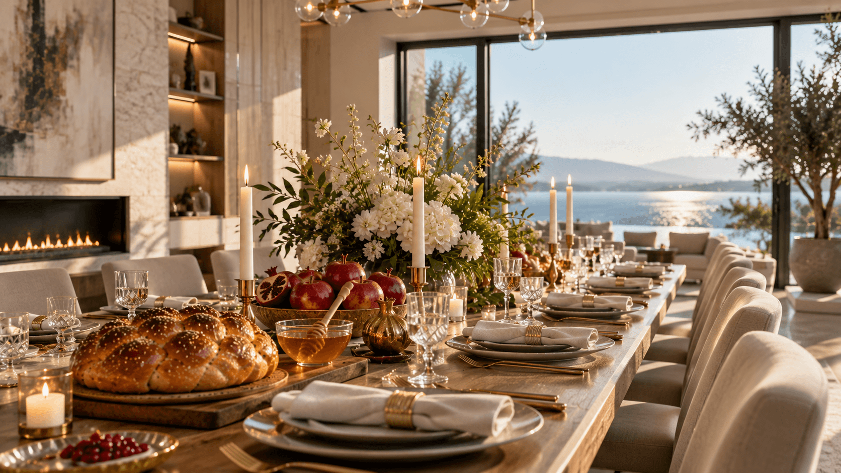 Elegant Rosh Hashanah table with challah, apples, honey and pomegranates in a private residence
