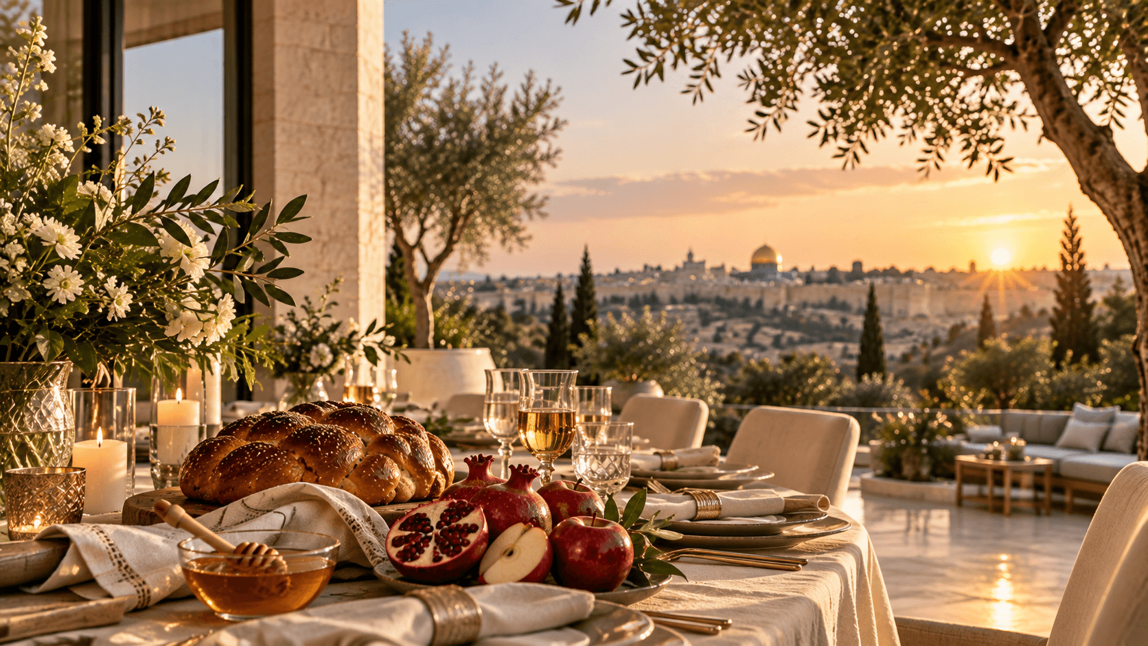Private Rosh Hashanah table with apples, honey, pomegranates and challah overlooking Jerusalem at sunset