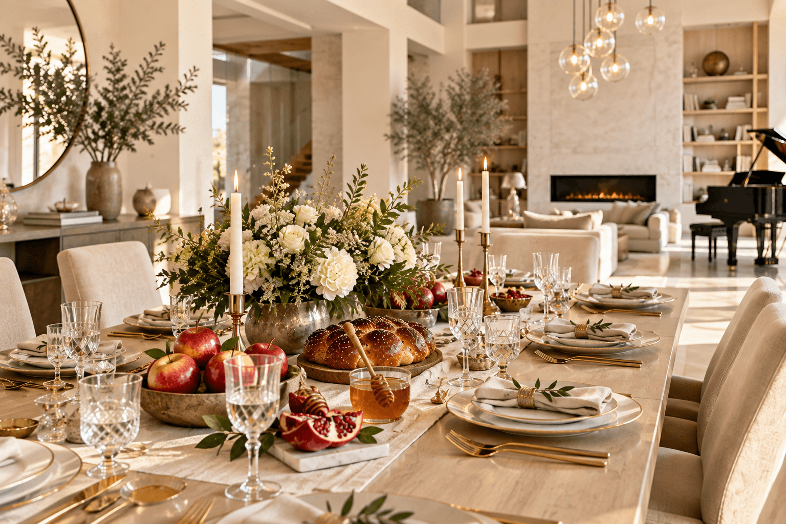 Rosh Hashanah private dining table with apples, honey, pomegranates and challah in a modern home