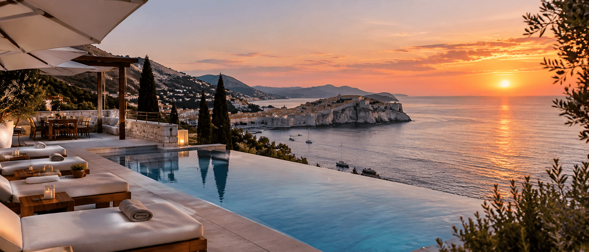 Spectacular coastal resort with an infinity pool at sunset for a luxury kosher stay
