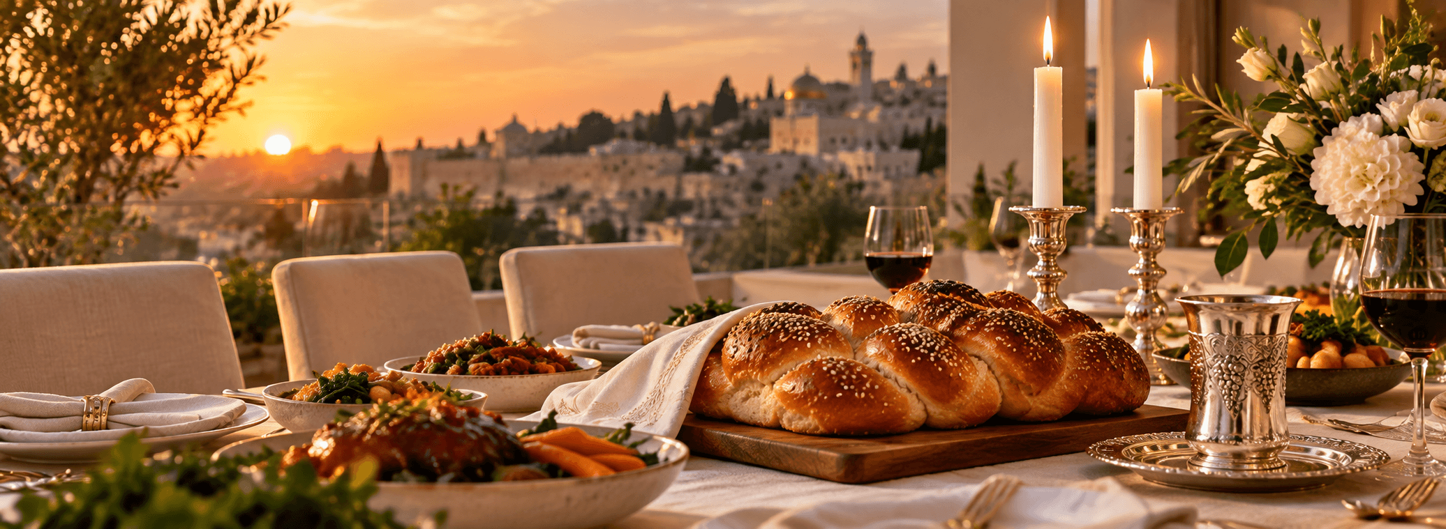 Elegant Shabbat dinner with challah and candles overlooking Jerusalem at sunset