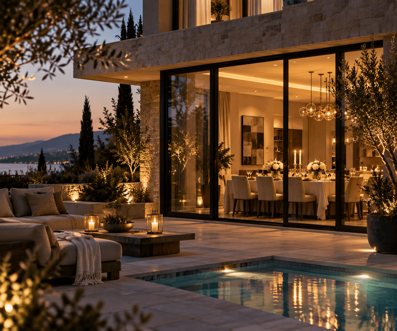 Luxury private villa at dusk with Shabbat candles visible beside the pool
