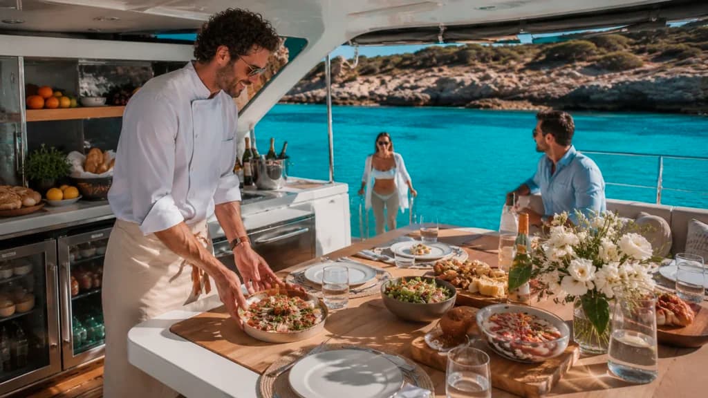 Private chef preparing an elegant onboard meal for guests aboard a luxury yacht