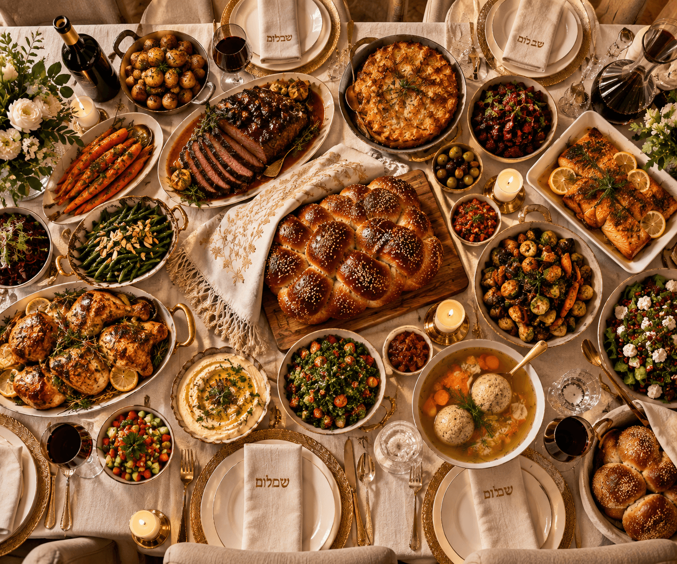 Overhead luxury Shabbat catering table with challah and a complete kosher dinner spread