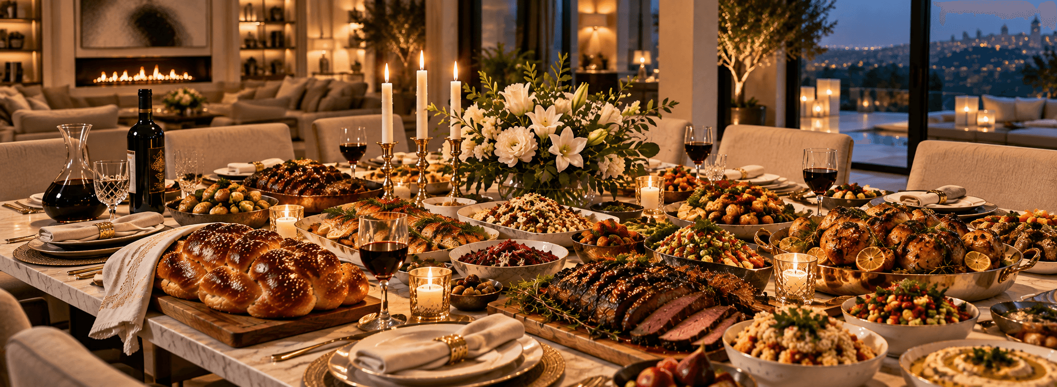Bespoke Shabbat catering table in a luxury residence with challah, candles and a complete kosher menu