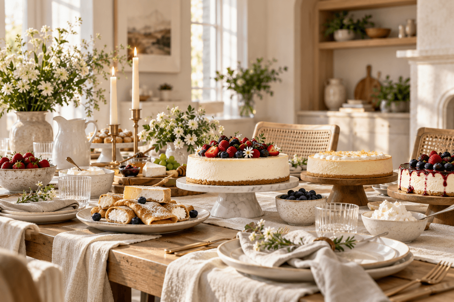 Beautifully arranged Shavuot dairy table with cheesecakes, berries and flowers
