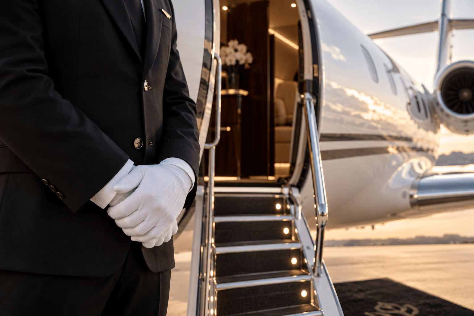 White-glove concierge waiting beside a private jet at sunset
