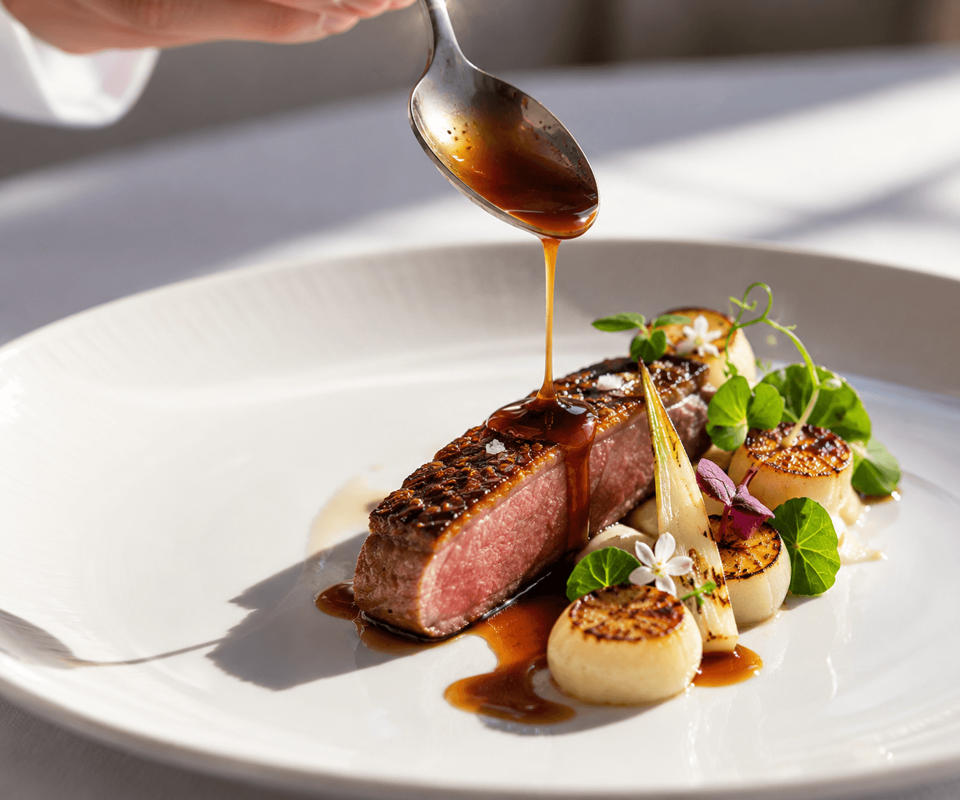 Chef finishing an elegant plated kosher dish
