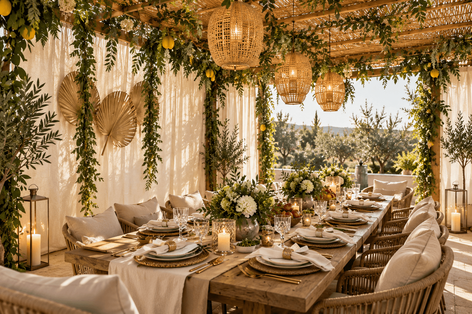 Elegant catered meal set beneath a beautifully decorated Sukkah