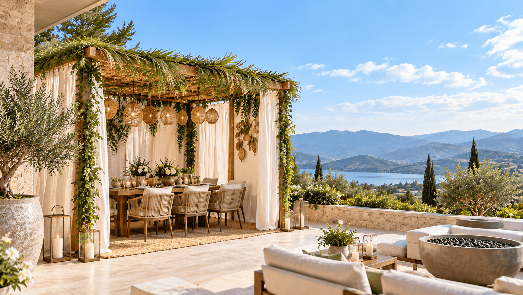 Luxury Sukkah overlooking mountains and water on a bright day