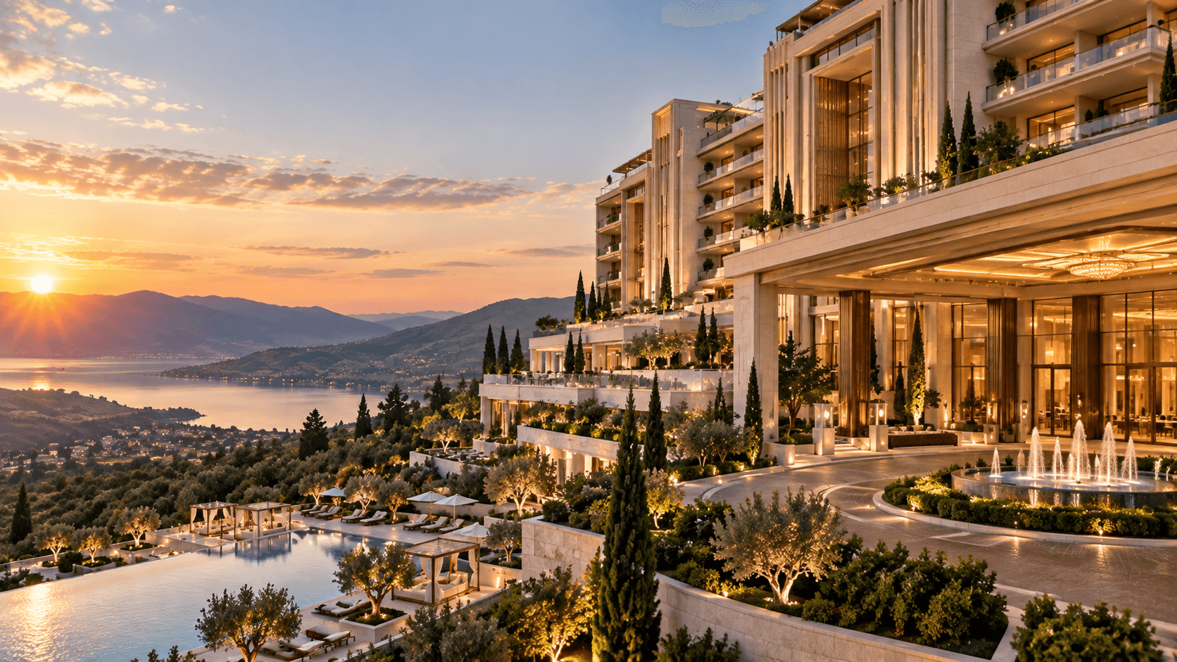 Luxury destination hotel overlooking mountains and water at sunset for Sukkot catering