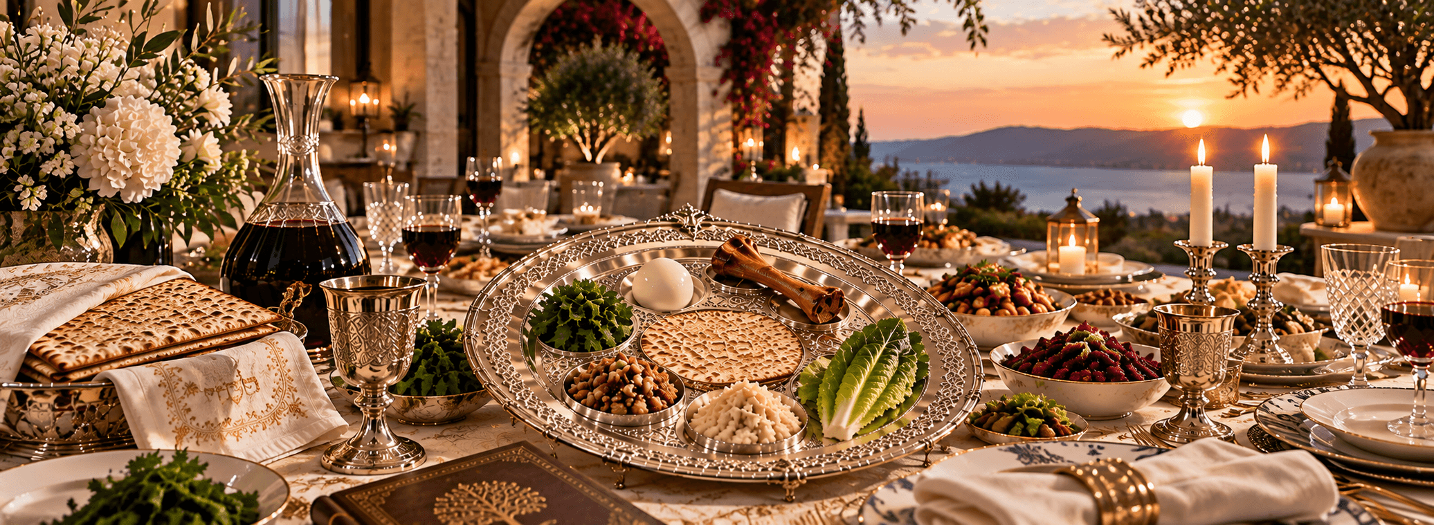 Luxury kosher for Passover Seder table overlooking the water at sunset