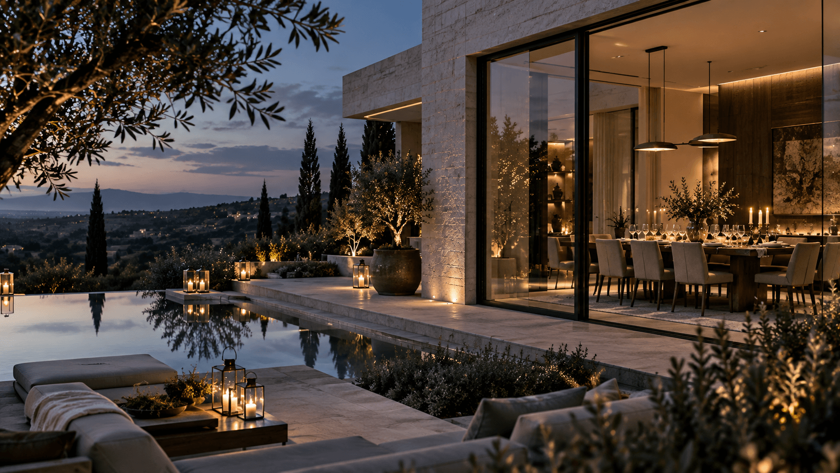 Luxury Passover getaway villa at dusk with a candlelit dining room and infinity pool
