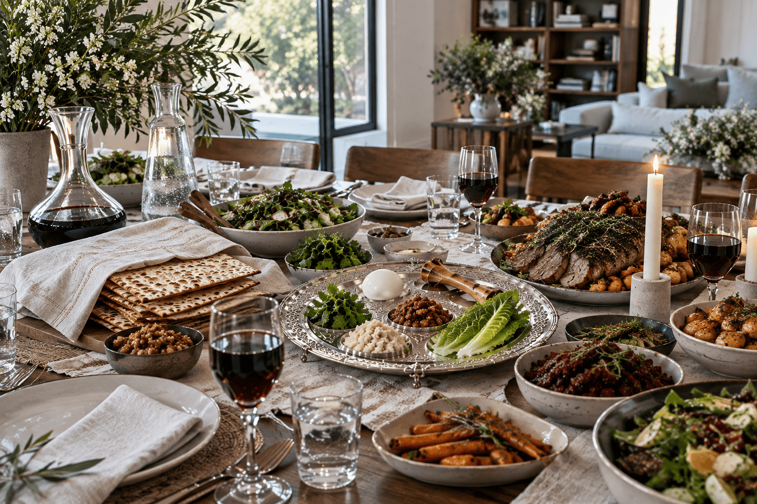Elegant family Pesach dining table with a Seder plate, matzah and a complete kosher holiday meal