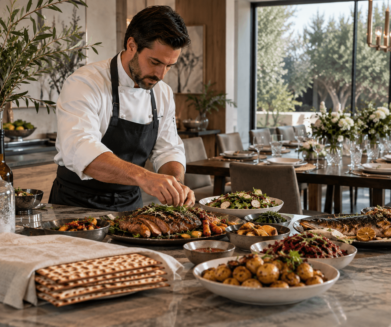 Kosher private chef preparing a bespoke Pesach meal in a luxury residence