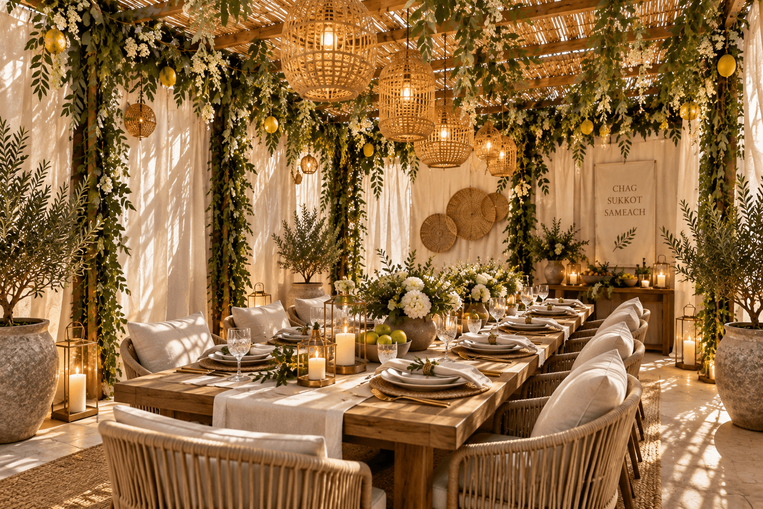 Elegant private dining table set inside a beautifully decorated Sukkah