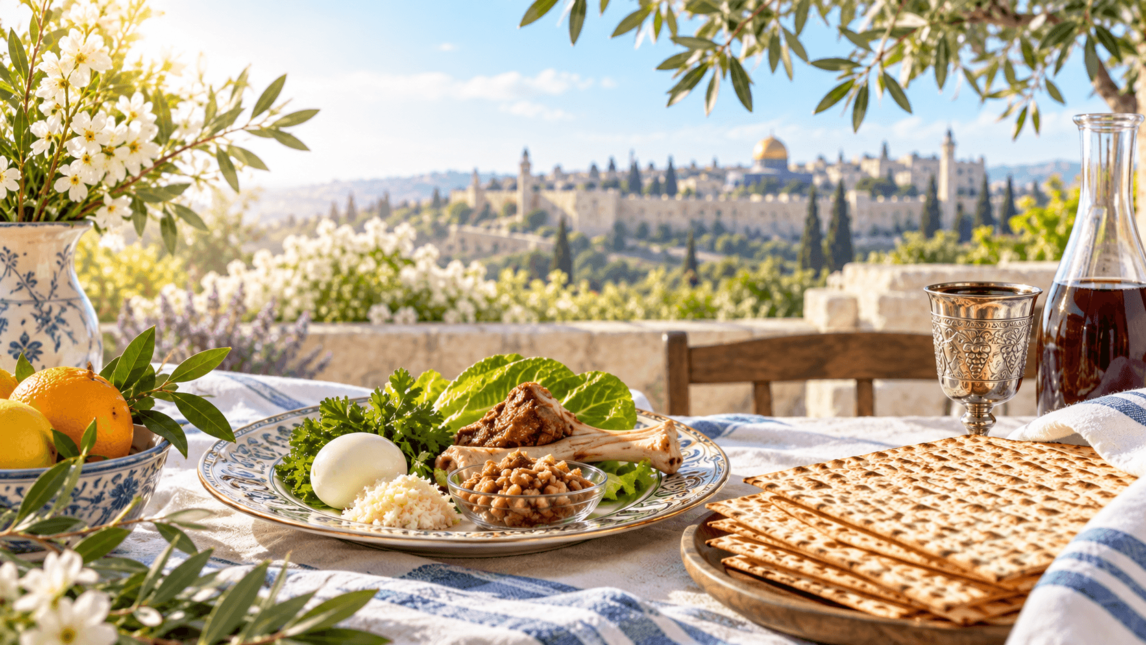 Pesach Seder plate and matzah overlooking Jerusalem in spring